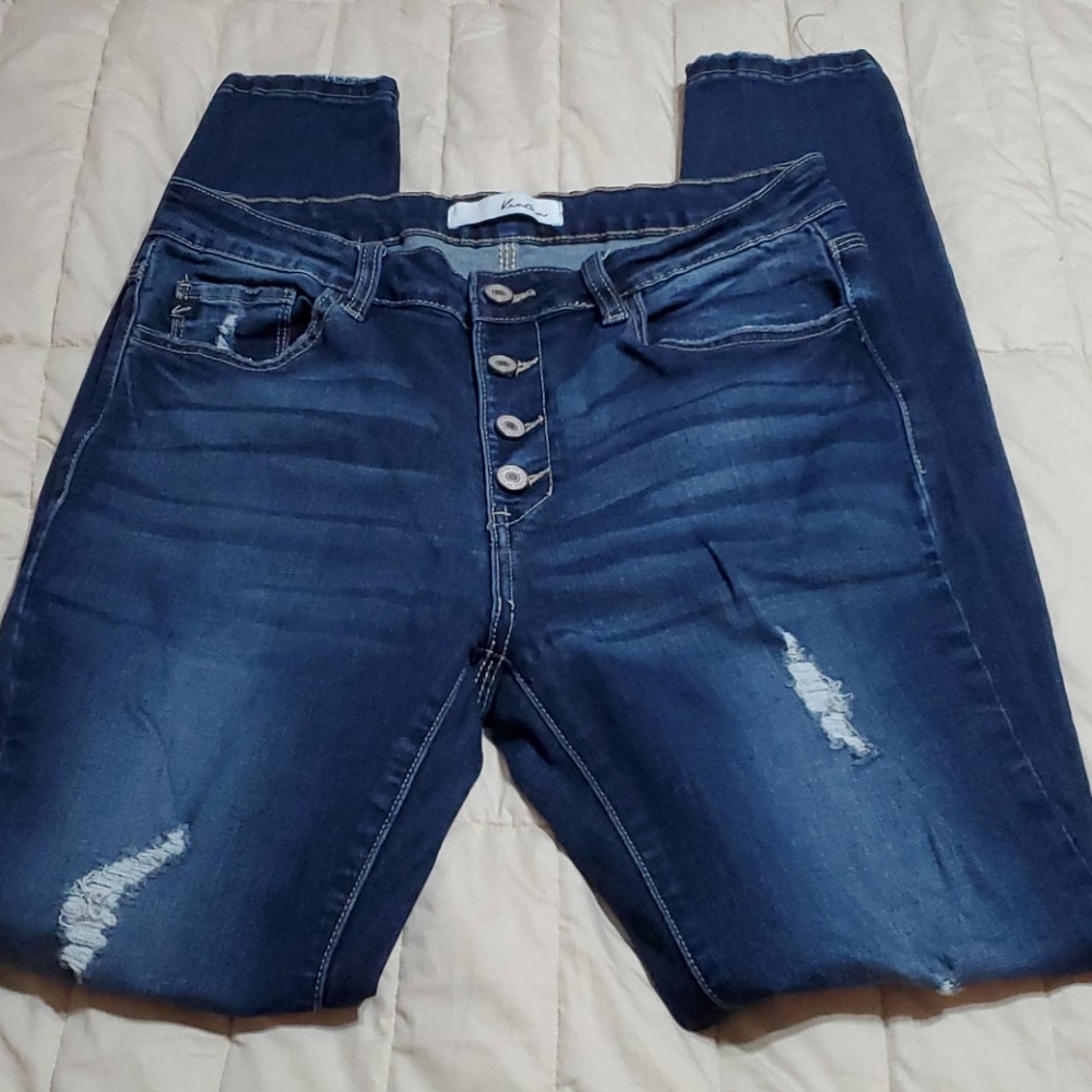 KanCan Dark Blue Skinny Jeans - Distressed Button-Fly